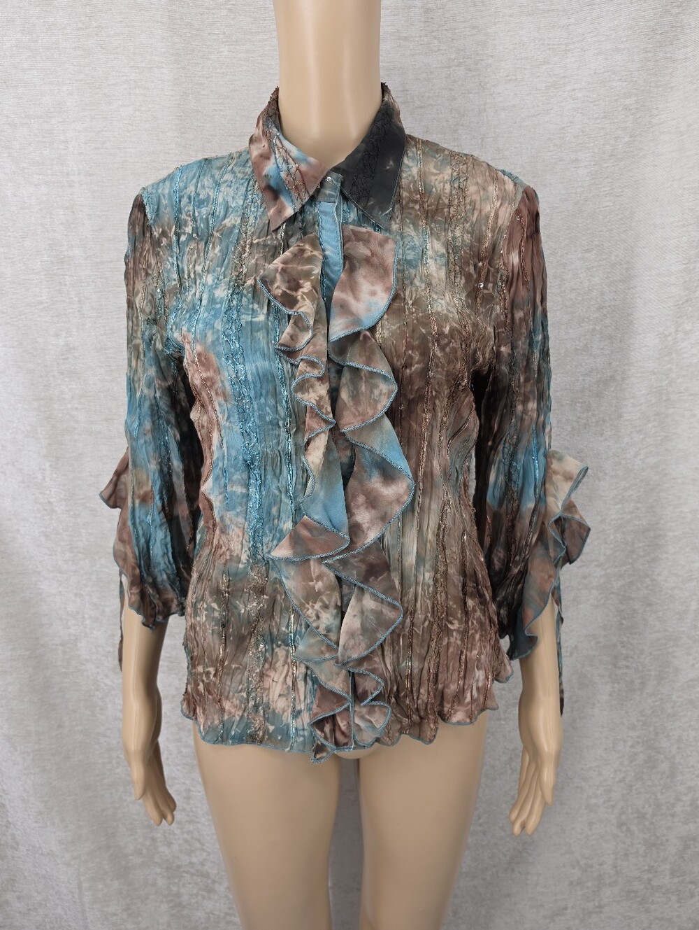 Y2K Ruffled Crinkle Blouse in Teal & Brown Poet Earth Tones Boho Fairycore